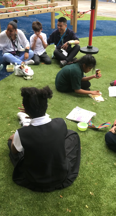 Pupils sitting together in the playground
