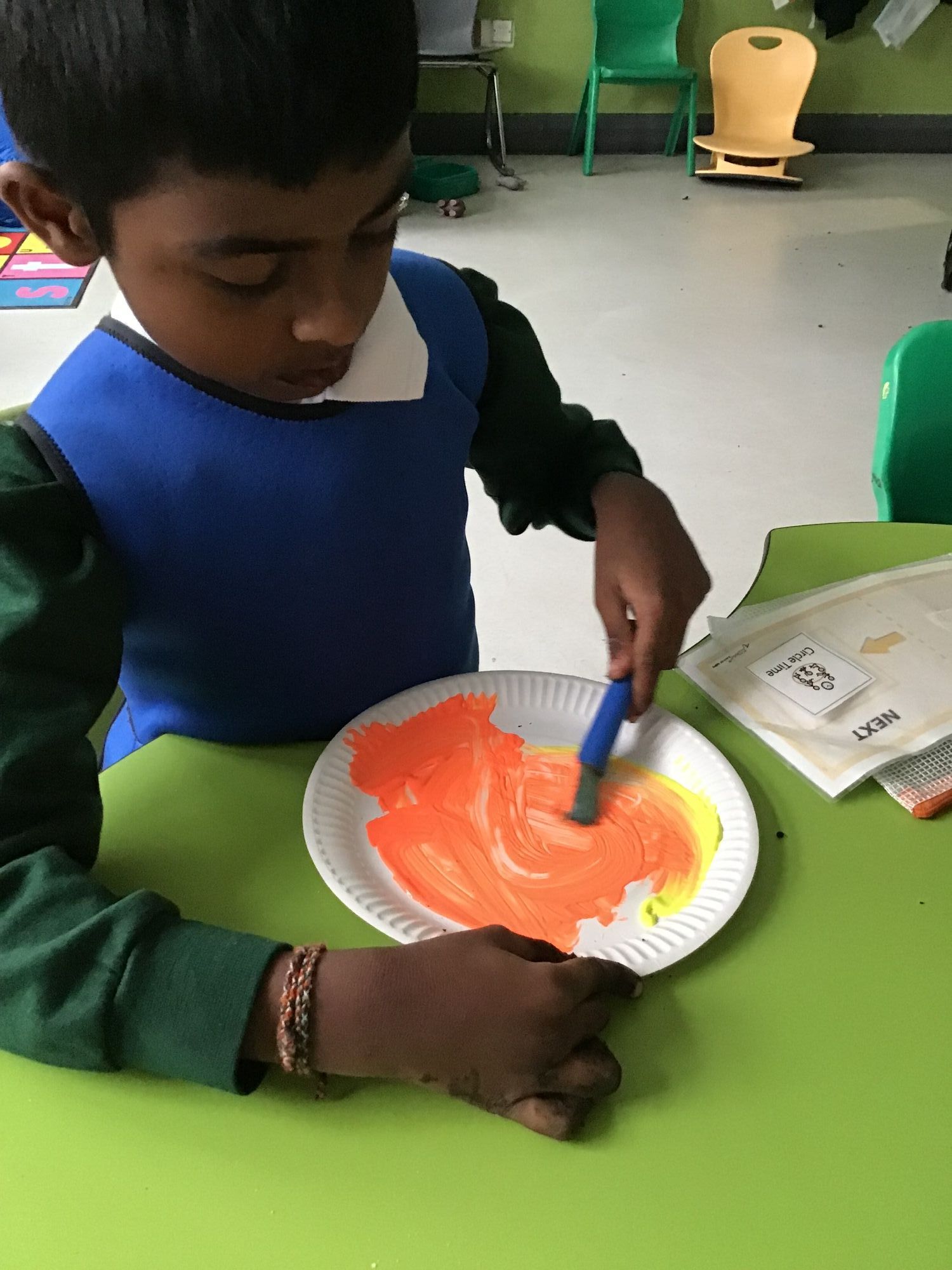 Pupil painting a paper plate